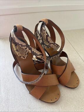 Gucci Brown Leather & Snake-Print Ankle Wrap High Heels